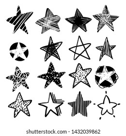 
Set of black doodle-style stars drawn by hand. Graphic design elements for decoration of postcards, posters, textiles.