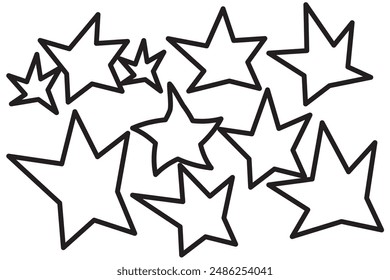 Set of black doodle-style stars drawn by hand. Grunge scrawls, charcoal scribbles, rough brush strokes, underlines and circles. Bold charcoal freehand stars. Crayon or marker scribbles