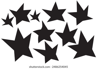 Set of black doodle-style stars drawn by hand. Grunge scrawls, charcoal scribbles, rough brush strokes, underlines and circles. Bold charcoal freehand stars. Crayon or marker scribbles