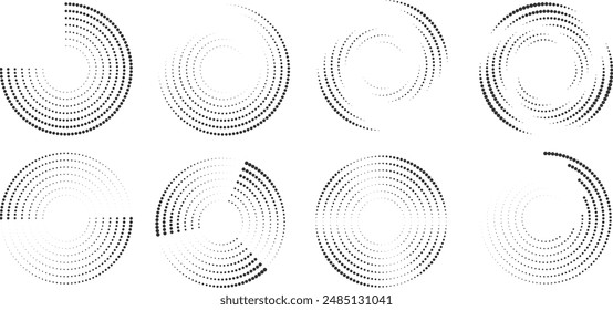 Set of black dots on white background that creates modern abstract circle. Arranged in geometric rows, halftones circled around the center, vector illustration.