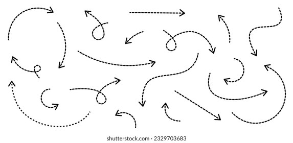 Set of black dotted arrows in doodle style. Broken arrows in the form of a loop. Flow direction. Pointers to the wire, up, down. Curved line. Vector illustration.
