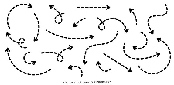 Conjunto de flechas punteadas negras en estilo doodle. Flechas rotas en forma de bucle. Dirección de flujo. Punteros al cable, arriba, abajo. Línea curva. Ilustración vectorial.	