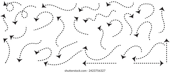 Set of black dotted arrows in doodle style. Broken arrows in the form of a loop. Flow direction. Pointers to the wire, up, down. Curved line. Zigzag arrow stripes design with dotted lines.