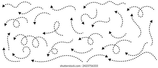 Set of black dotted arrows in doodle style. Broken arrows in the form of a loop. Flow direction. Pointers to the wire, up, down. Curved line. Zigzag arrow stripes design with dotted lines. svg