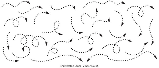 Set of black dotted arrows in doodle style. Broken arrows in the form of a loop. Flow direction. Pointers to the wire, up, down. Curved line. Zigzag arrow stripes design with dotted lines.