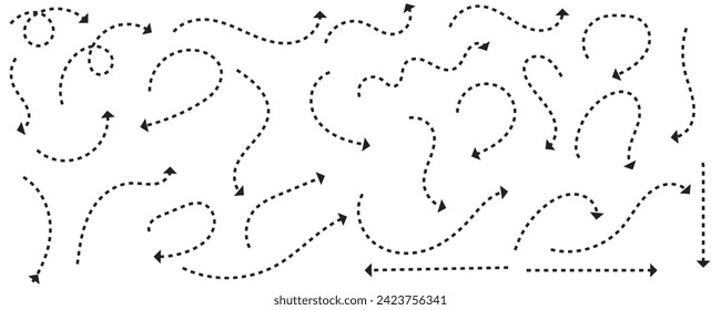 Set of black dotted arrows in doodle style. Broken arrows in the form of a loop. Flow direction. Pointers to the wire, up, down. Curved line. Zigzag arrow stripes design with dotted lines. svg