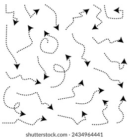 Set of black dotted arrows in doodle style. Broken arrows in the form of a loop. Flow direction. Pointers to the wire, up, down. Curved line. Vector illustration 8 9 0 svg