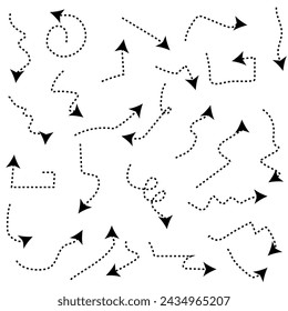 Set of black dotted arrows in doodle style. Broken arrows in the form of a loop. Flow direction. Pointers to the wire, up, down. Curved line. Vector illustration 4 3 3 svg