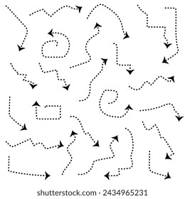 Set of black dotted arrows in doodle style. Broken arrows in the form of a loop. Flow direction. Pointers to the wire, up, down. Curved line. Vector illustration svg