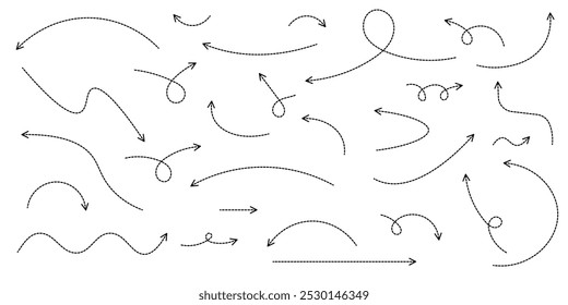 Conjunto de setas pontilhadas pretas em estilo de rabiscar. Setas quebradas na forma de um loop. Direção do fluxo. Ponteiros para o fio, para cima, para baixo. Linha curva. Ilustração vetorial.	