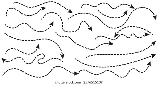 Set of black dotted arrows in doodle style. Curved dotted arrow.  Curved dotted thin isolated way. 