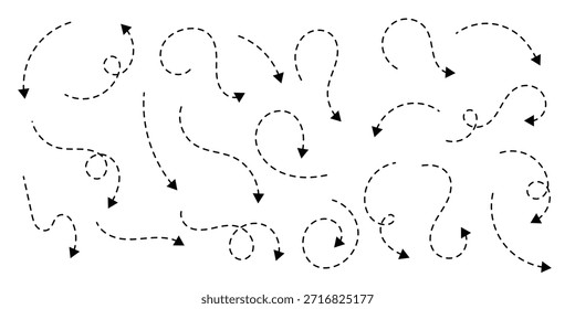 Set of black dotted arrows in doodle style. Broken arrows in the form of a loop. Flow direction. Pointers to the wire, up, down. Curved line. Zigzag arrow stripes design with dotted lines. eps 10