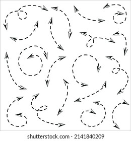 Set of black dotted arrows. Hand drawn simple and spiral arrow vector icons set on white background.Vector illustration