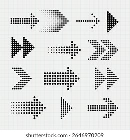 Conjunto de flechas punteadas negras en papel cuadriculado. Flechas punteadas en varios estilos. Flechas apuntando en diferentes direcciones. Diseños de flechas punteadas para navegación. Conjunto de Vectores de elemento.