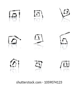 Set black dotted spirals with mirror reflection, isolated on white background. Abstract symbols with halftone effect, vector illustration.