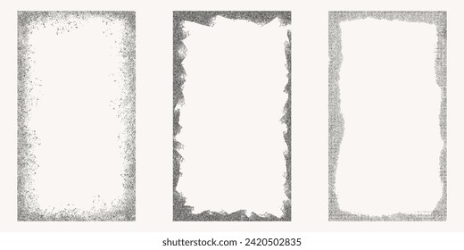 Set of black dotted textured vertical frame, noisy gritty dot halftone effect, vector illustration. Fashionable banner in grunge style. Rectangular frames for social networks, paint splashes.