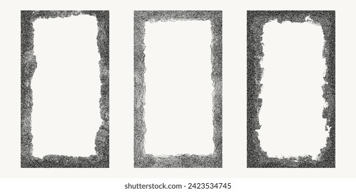 Set of black dotted textured vertical frame, noisy gritty dot halftone effect, vector illustration. Fashionable banner in grunge style. Rectangular frames for social networks, stains and drops.