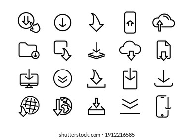 Set of black download icons. Download icon set for web site or application. Download arrows collection button. Arrow down document file symbol icon. Download file Arrow button