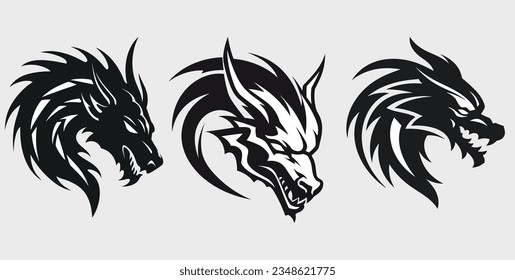 Set of black dragon head black and white isolated