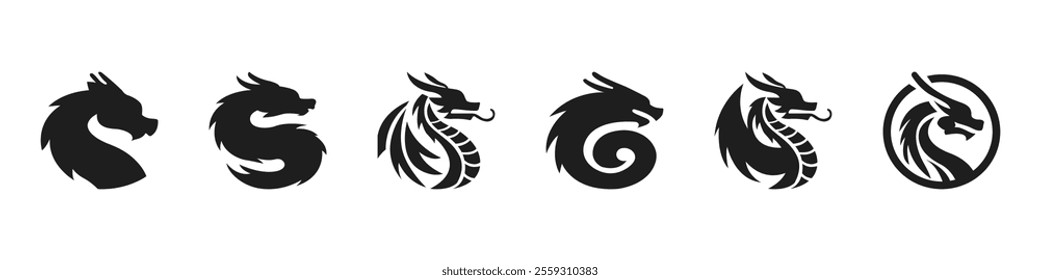 Set of black dragon icons. Mythical dragons in different styles isolated on white background. Stylish black dragon logos. Dragon silhouette vector. Vector illustration.