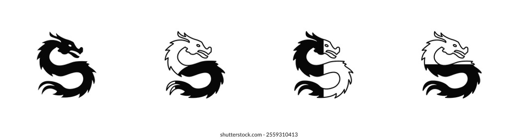 Set of black dragon icons. Mythical dragons in different styles isolated on white background. Stylish black dragon logos. Dragon silhouette vector. Vector illustration.