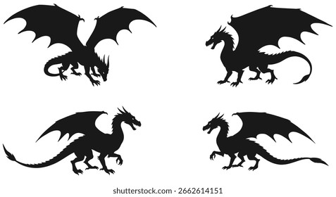 Conjunto de ícones de dragão preto. Dragões míticos em diferentes estilos isolados em fundo branco.Conto de fadas clip art. Vetor ilustração, Eps 10