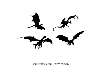 Set of black dragon silhouettes isolated on a white