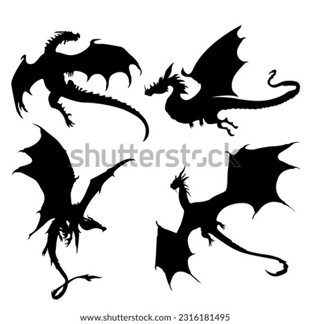 Set of black dragon silhouettes isolated on a white background. Vector illustration
