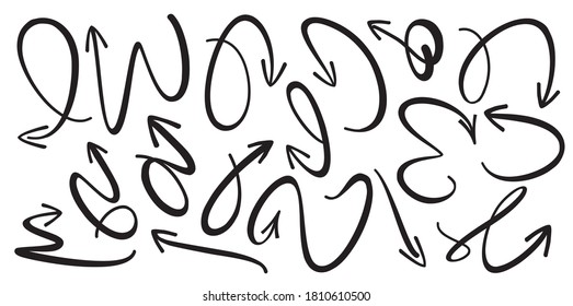 Set of black drawing arrows and icons. Vector background. Graphic for website.