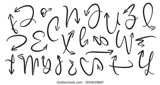 Set of black drawing arrows and icons. Vector background. Graphic for website.