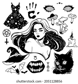 a set of black drawings and silhouettes on a witch theme on a white background