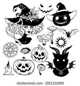 a set of black drawings and silhouettes on a witch theme on a white background