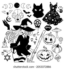 a set of black drawings and silhouettes on a witch theme on a white background