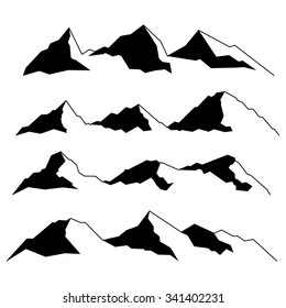 Set of the black drawn mountains on a white background.