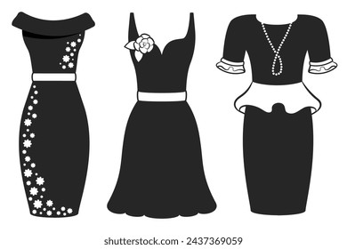 Set of black dress silhouette isolated. Collection of classic cocktail wear with jewelry and rose. Elegant evening gown for glamorous evening. Modern design. Flat vector illustration 