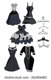 Set black dress with white lace. Vector illustration