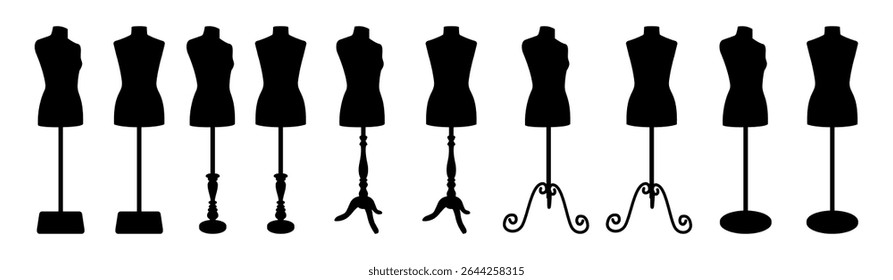 Conjunto de manequins costureira preto com vários designs de suporte. Silhuetas de bonecos de alfaiate para moda, costura ou design boutique em fundo branco.