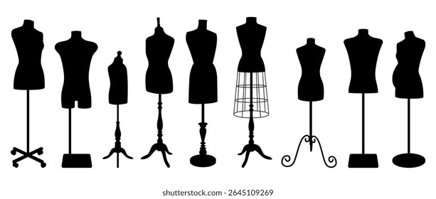Conjunto de manequins costureira preto com vários designs de suporte. Silhuetas de bonecos de alfaiate para moda, costura ou design boutique em fundo branco.