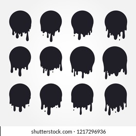 Set of Black dripping paint icon. Current liquid. Paint flows. Melted circle logo. Current paint, stains, inks. Vector illustration. Isolated on white background.