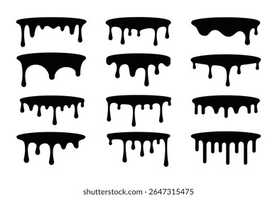Set of black dripping paint or liquid isolated on white background. Graphic elements for design. Vector illustration.