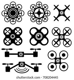 Set of black drone icons isolated on white background