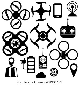 Set of black drone icons with needed devices isolated on white background