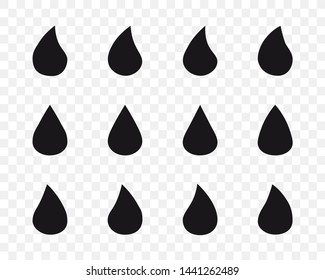 Set of black drop symbols isolated on a transparent background.