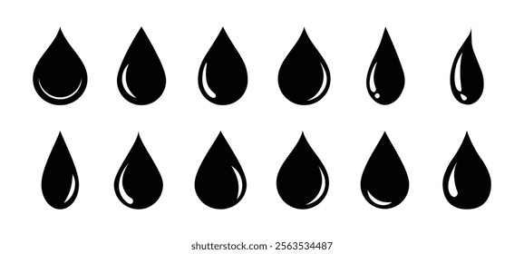 Set of black droplet and drop silhouettes, splashes, and blob icons. Isolated black drops with design elements. Black droplet set icons perfect for minimalistic, abstract, and graphic designs.
