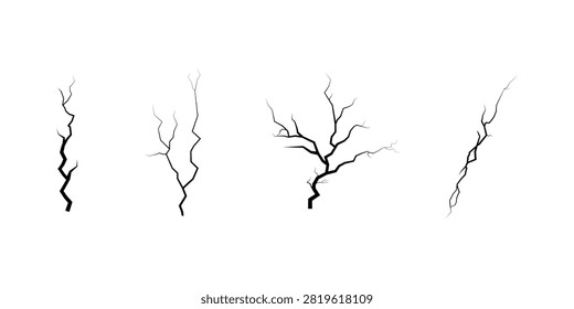 Set of black dry tree branch silhouettes and gnarled lightning bolt shapes isolated on white