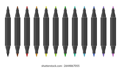 Set of black dual tip markers. Rainbow palette. Coloring or sketching supplies. Water-based or alcohol marker pen. Brush tip