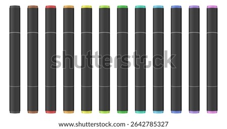 Set of black dual tip markers. Rainbow palette. Coloring or sketching supplies. Water-based or alcohol marker pen.