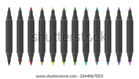 Set of black dual tip markers. Rainbow palette. Coloring or sketching supplies. Water-based or alcohol marker pen. Brush tip