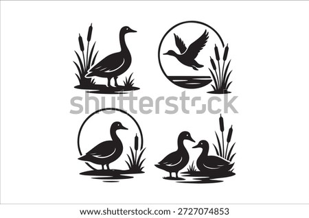 set of black duck silhouettes with cattails in water high-quality