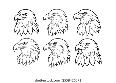 Set of black Eagle Head line art Vector White Background